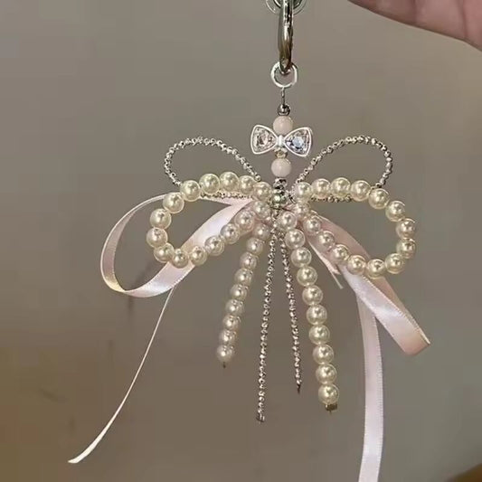Imitation Pearl Bow Key Ring Ribbon Beaded Keychain Korean Style Hanging Accessories Y2K Heart Bag Pendant Decor Accessories