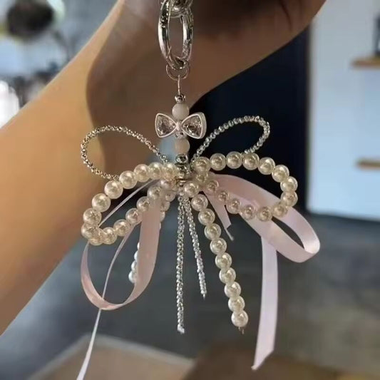 Imitation Pearl Bow Key Ring Ribbon Beaded Keychain Korean Style Hanging Accessories Y2K Heart Bag Pendant Decor Accessories